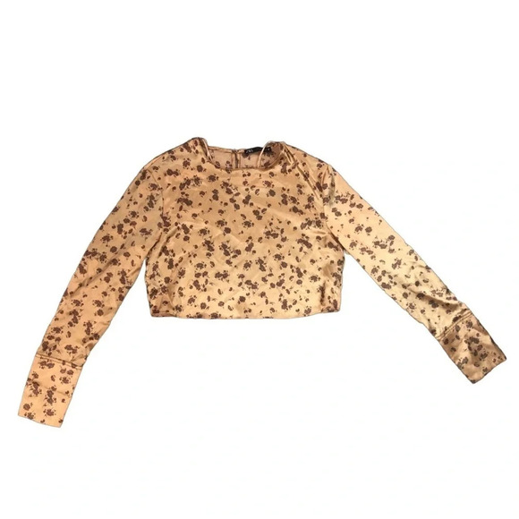 Zara Long Sleeve Floral Satin Crop Top | Brown and Tan | Size S - Picture 3 of 7